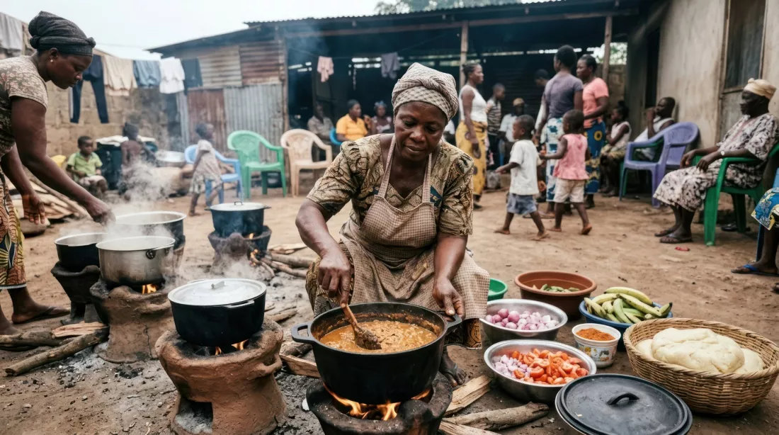 Frauen kochen Mahlzeiten in Toepfen im Freien